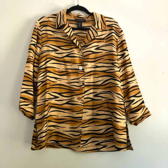 Donated-Silk Land 100% Silk Tiger Print Button Down Shirt - Picture 1 of 11